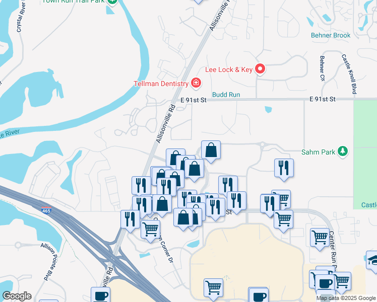 map of restaurants, bars, coffee shops, grocery stores, and more near 5750 Castle Creek Parkway North Drive in Indianapolis