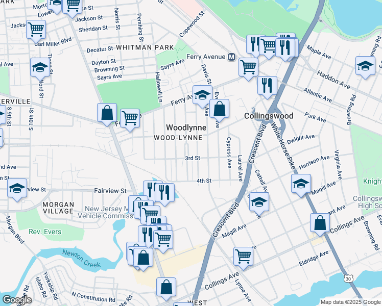 map of restaurants, bars, coffee shops, grocery stores, and more near in Woodlynne
