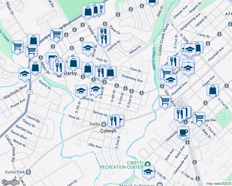 map of restaurants, bars, coffee shops, grocery stores, and more near 8 South 3rd Street in Darby