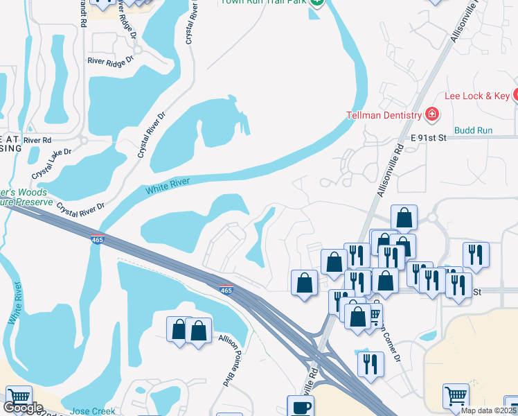 map of restaurants, bars, coffee shops, grocery stores, and more near 5270 River Bend Parkway in Indianapolis