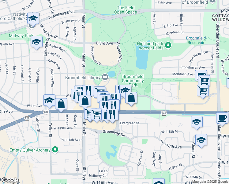 map of restaurants, bars, coffee shops, grocery stores, and more near 101 Lamar Street in Broomfield