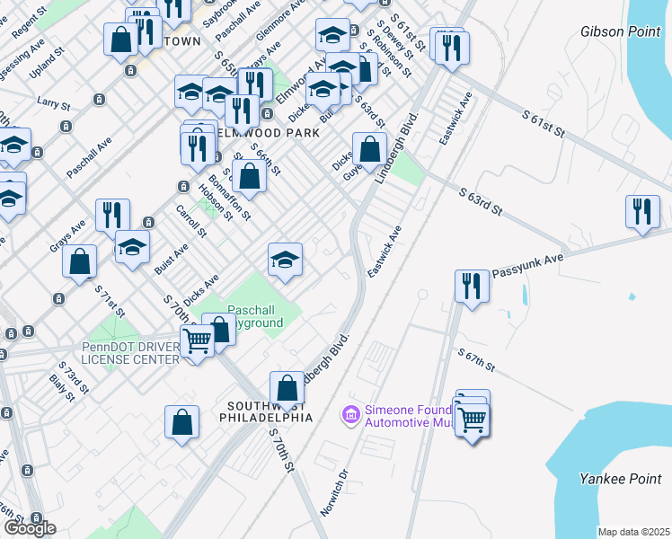 map of restaurants, bars, coffee shops, grocery stores, and more near 6622 Harley Street in Philadelphia