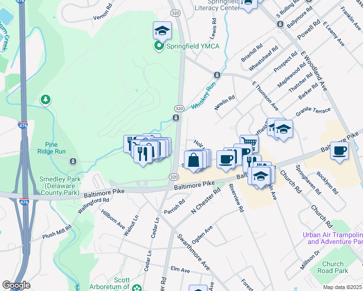 map of restaurants, bars, coffee shops, grocery stores, and more near 314 Gibbons Road in Springfield