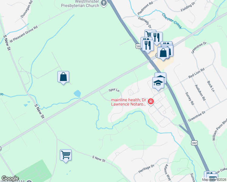 map of restaurants, bars, coffee shops, grocery stores, and more near 120 Spur Lane in West Chester
