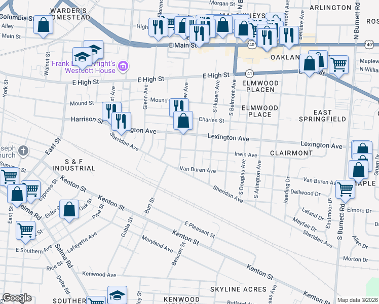 map of restaurants, bars, coffee shops, grocery stores, and more near 1719 Irwin Avenue in Springfield
