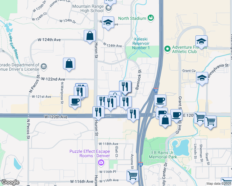 map of restaurants, bars, coffee shops, grocery stores, and more near 12108 Melody Drive in Denver