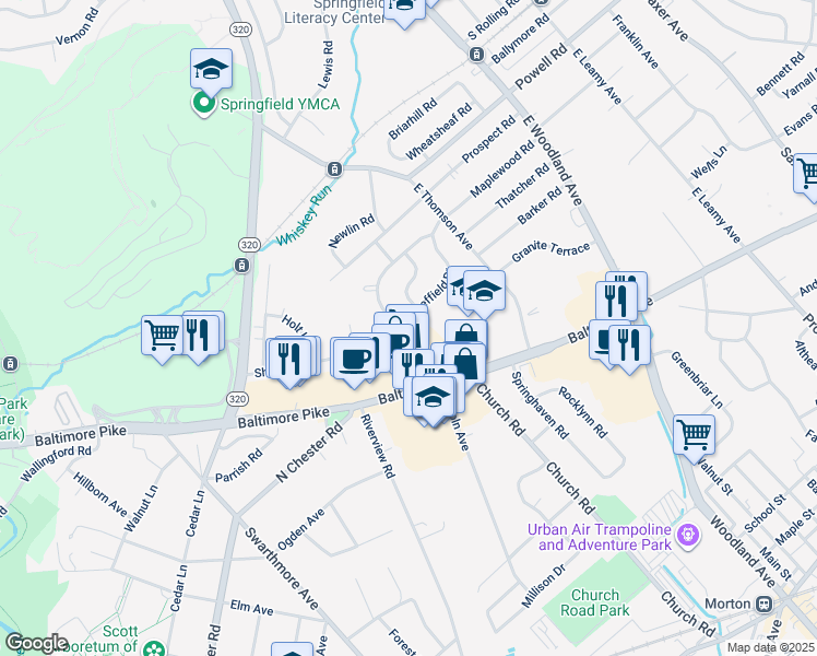 map of restaurants, bars, coffee shops, grocery stores, and more near 617 Sheffield Drive in Springfield