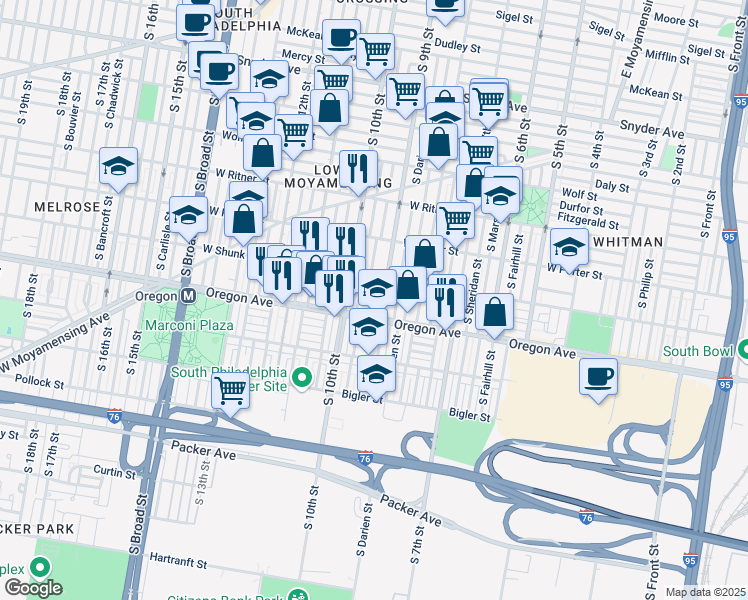 map of restaurants, bars, coffee shops, grocery stores, and more near 2635 South Percy Street in Philadelphia