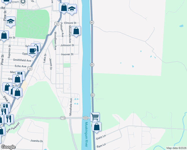 map of restaurants, bars, coffee shops, grocery stores, and more near 1292 Wayne Avenue in Zanesville