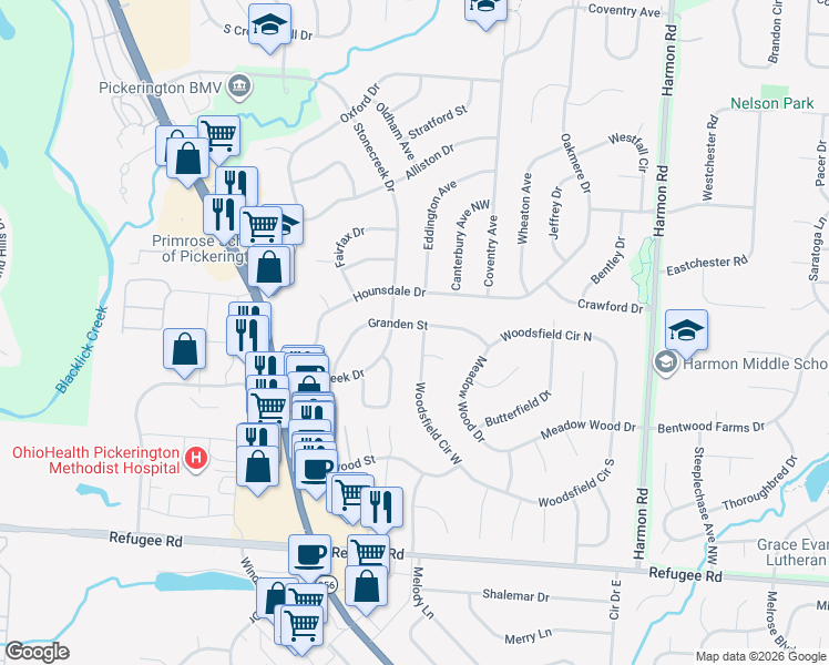 map of restaurants, bars, coffee shops, grocery stores, and more near 12357 Woodsfield Circle West in Pickerington