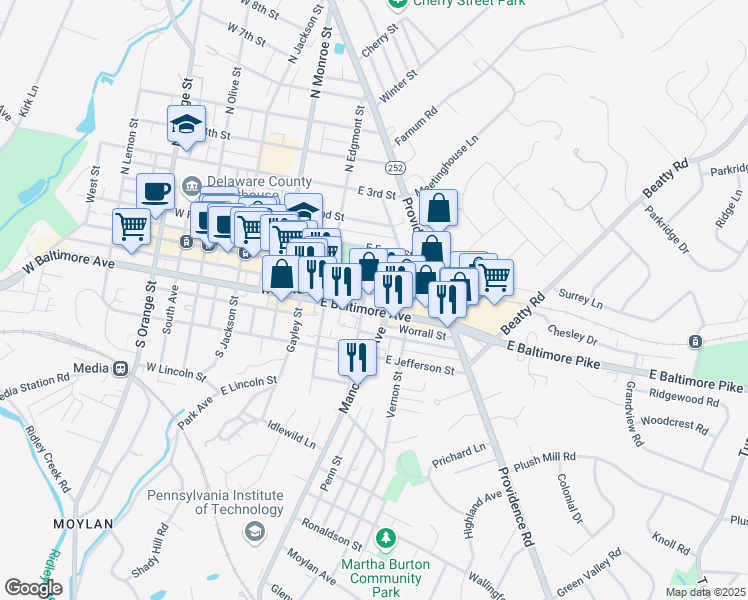 map of restaurants, bars, coffee shops, grocery stores, and more near 311 East Baltimore Avenue in Media