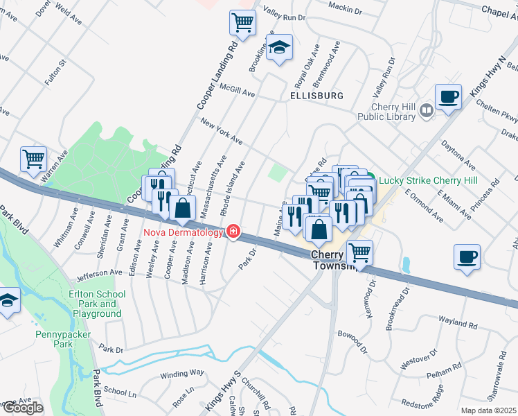 map of restaurants, bars, coffee shops, grocery stores, and more near 16 Vermont Avenue in Cherry Hill