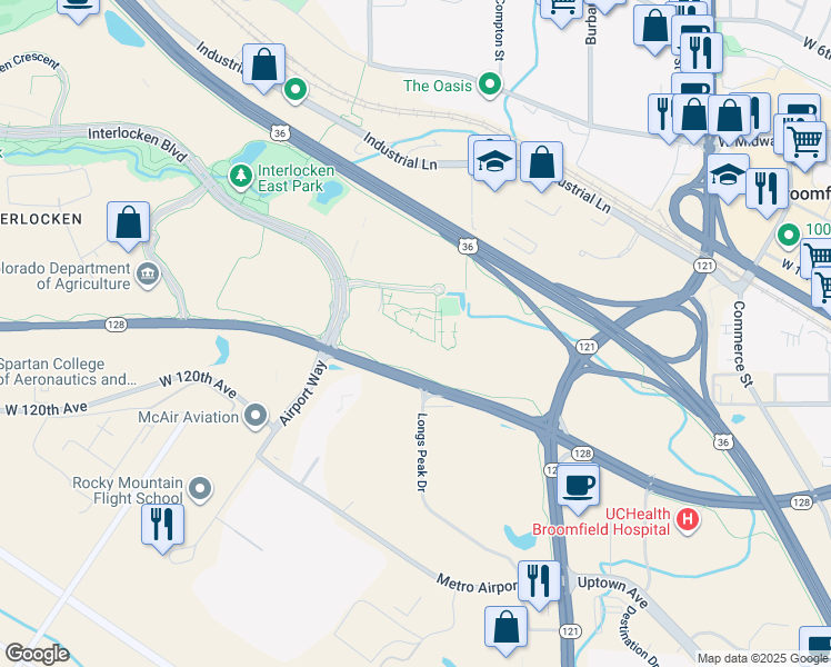 map of restaurants, bars, coffee shops, grocery stores, and more near 120 Edgeview Drive in Broomfield