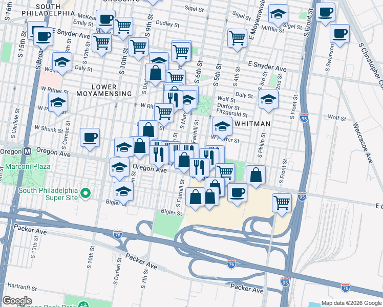 map of restaurants, bars, coffee shops, grocery stores, and more near South Fairhill Street in Philadelphia