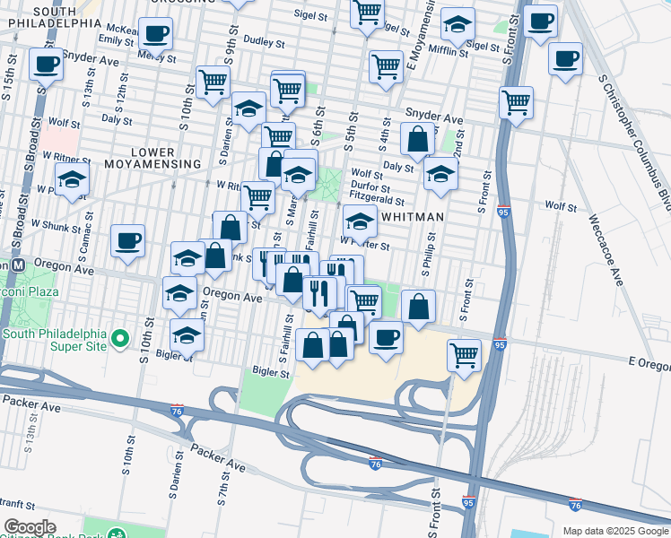 map of restaurants, bars, coffee shops, grocery stores, and more near 445 West Shunk Street in Philadelphia