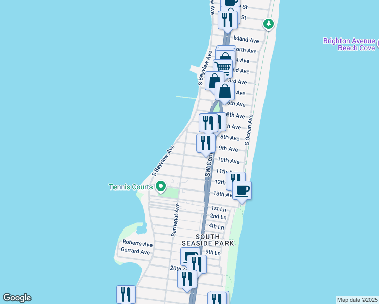 map of restaurants, bars, coffee shops, grocery stores, and more near 202 10th Avenue in Seaside Park
