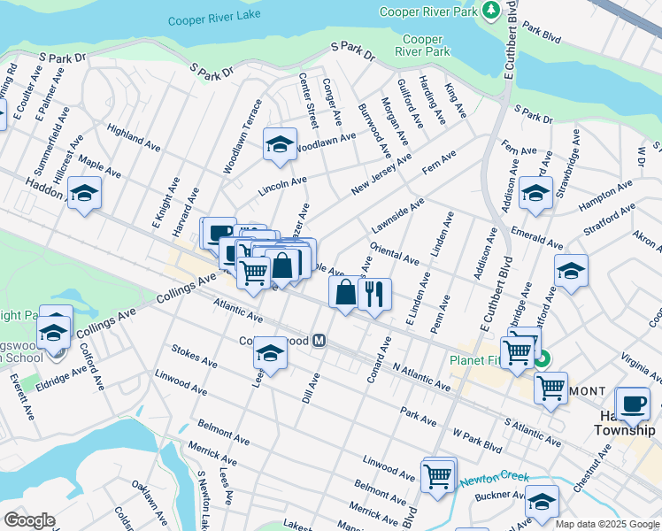 map of restaurants, bars, coffee shops, grocery stores, and more near 100 Fern Avenue in Collingswood