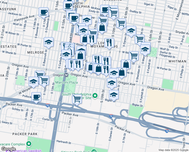 map of restaurants, bars, coffee shops, grocery stores, and more near 2649 South Jessup Street in Philadelphia