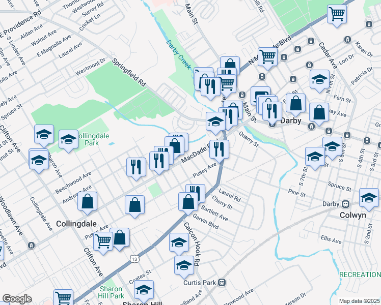 map of restaurants, bars, coffee shops, grocery stores, and more near 117 Macdade Boulevard in Lansdowne