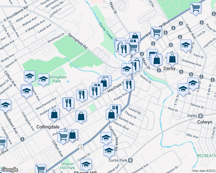 map of restaurants, bars, coffee shops, grocery stores, and more near 209 Staley Avenue in Collingdale