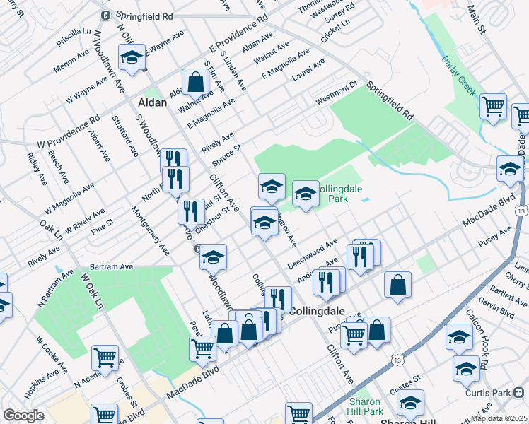 map of restaurants, bars, coffee shops, grocery stores, and more near 719 Bartram Avenue in Collingdale