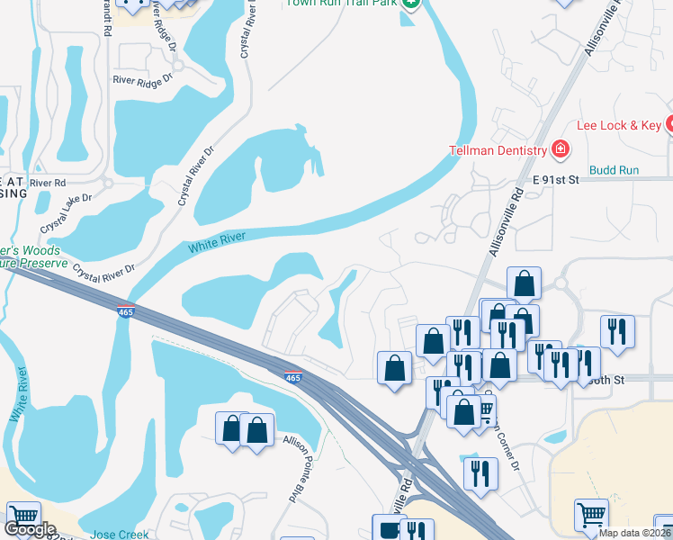 map of restaurants, bars, coffee shops, grocery stores, and more near 5270 River Bend Parkway in Indianapolis