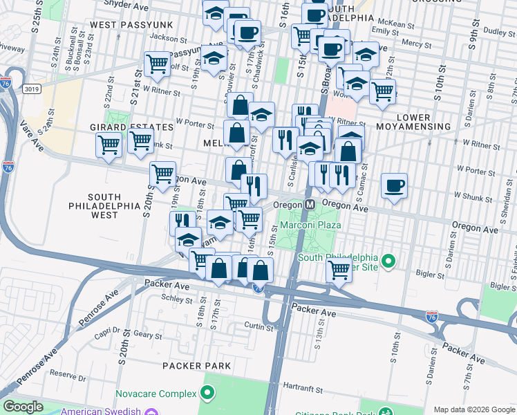 map of restaurants, bars, coffee shops, grocery stores, and more near 2723 South Mole Street in Philadelphia