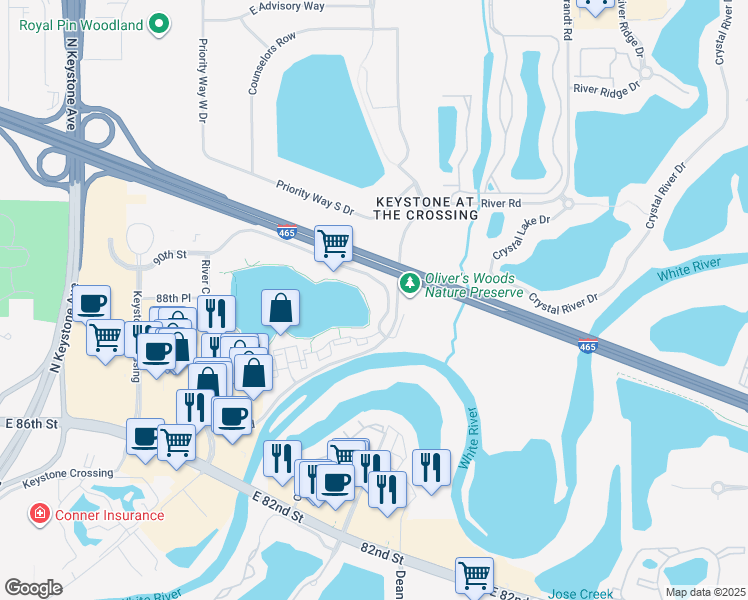map of restaurants, bars, coffee shops, grocery stores, and more near 3925 River Crossing Parkway in Indianapolis