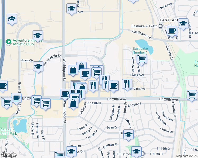 map of restaurants, bars, coffee shops, grocery stores, and more near 1201 East 120th Avenue in Thornton