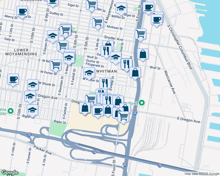 map of restaurants, bars, coffee shops, grocery stores, and more near 2522 South Philip Street in Philadelphia
