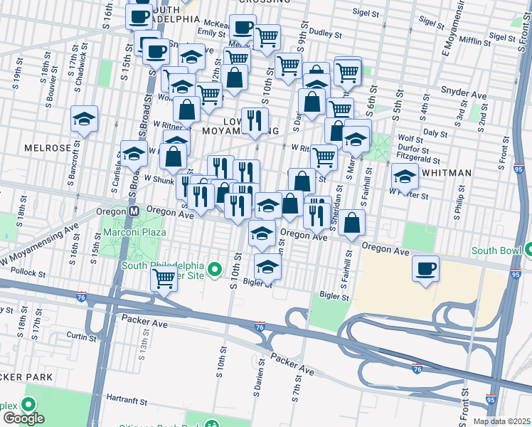 map of restaurants, bars, coffee shops, grocery stores, and more near 2633 South Percy Street in Philadelphia