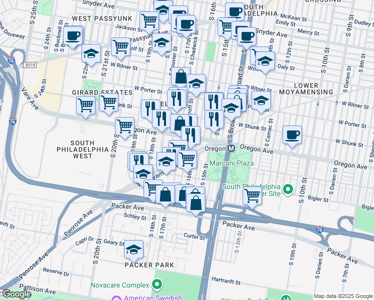 map of restaurants, bars, coffee shops, grocery stores, and more near 2734 South 16th Street in Philadelphia
