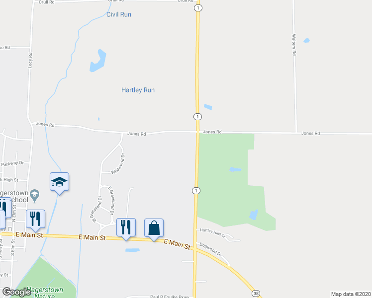 map of restaurants, bars, coffee shops, grocery stores, and more near 592 Woodpecker Road North in Hagerstown