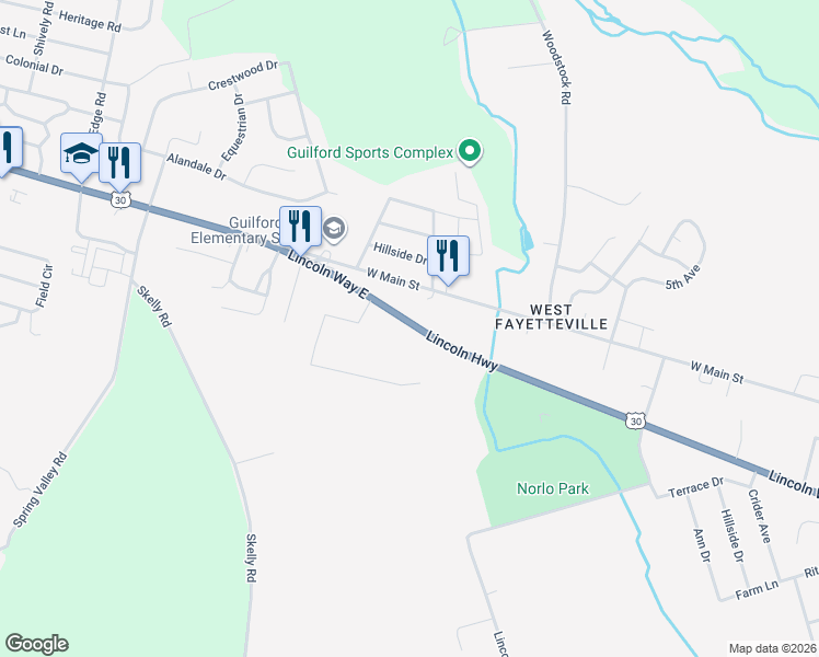 map of restaurants, bars, coffee shops, grocery stores, and more near 2154 Lincoln Way East in Chambersburg