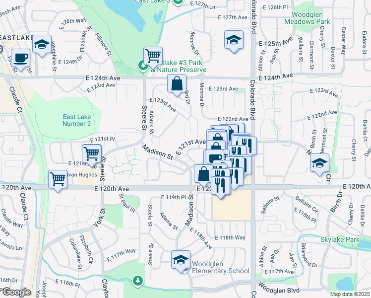 map of restaurants, bars, coffee shops, grocery stores, and more near 26 East 121st Avenue in Thornton