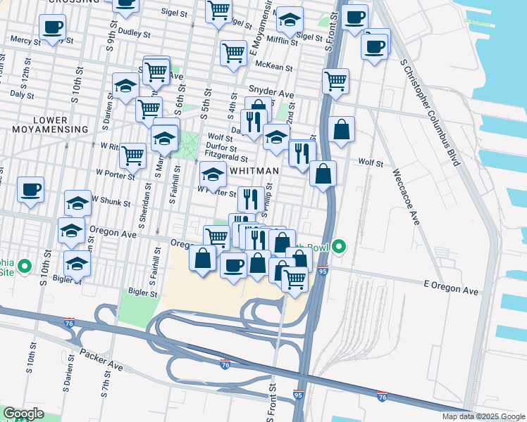 map of restaurants, bars, coffee shops, grocery stores, and more near 2522 South Philip Street in Philadelphia