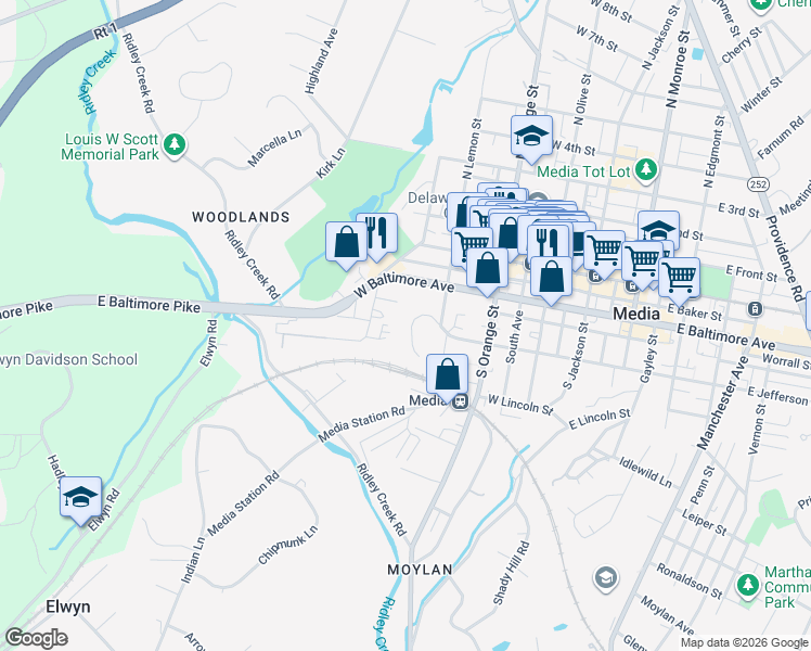 map of restaurants, bars, coffee shops, grocery stores, and more near 227 Brooke Street in Media