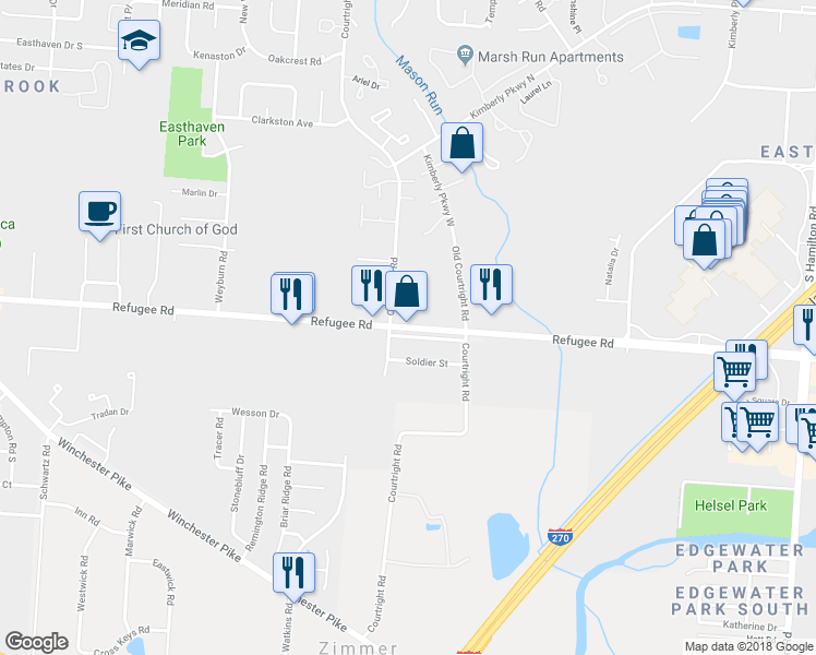 map of restaurants, bars, coffee shops, grocery stores, and more near 3581 Refugee Road in Columbus