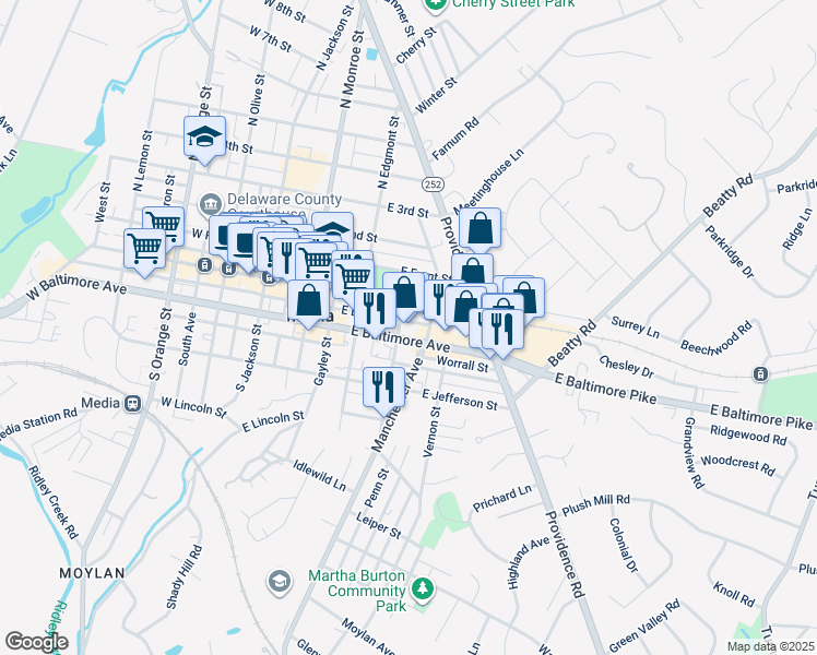 map of restaurants, bars, coffee shops, grocery stores, and more near 311 East Baltimore Avenue in Media