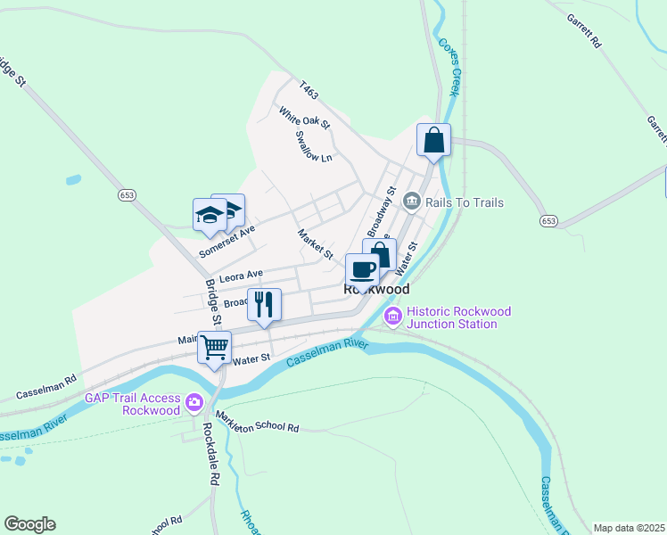 map of restaurants, bars, coffee shops, grocery stores, and more near 359 Market Street in Rockwood
