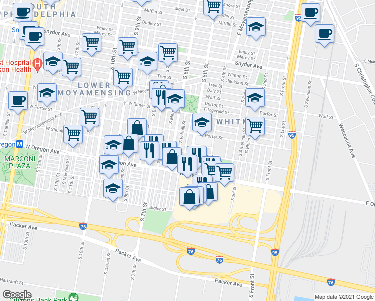 map of restaurants, bars, coffee shops, grocery stores, and more near 2555 South Reese Street in Philadelphia