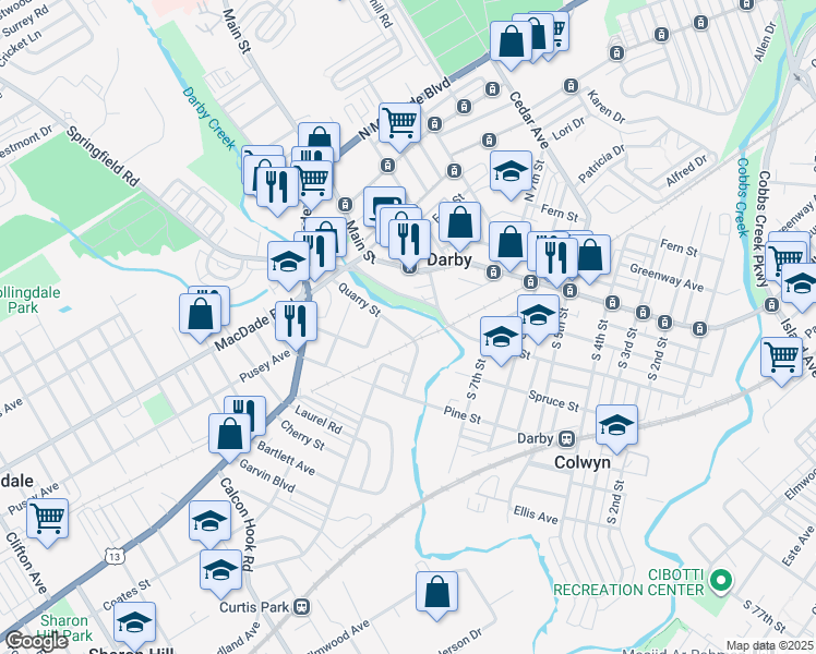 map of restaurants, bars, coffee shops, grocery stores, and more near 901 Quarry Street in Darby
