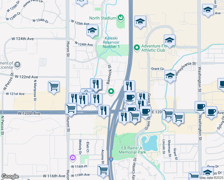 map of restaurants, bars, coffee shops, grocery stores, and more near 12130 Bannock Street in Westminster