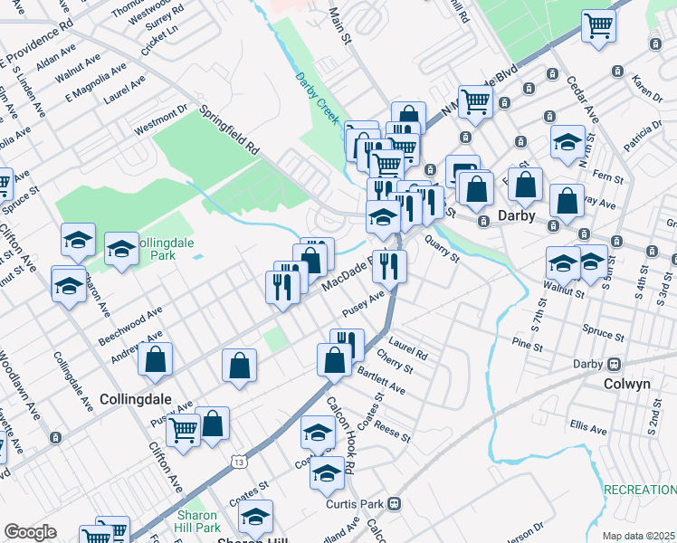 map of restaurants, bars, coffee shops, grocery stores, and more near 117 Macdade Boulevard in Lansdowne