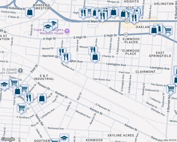 map of restaurants, bars, coffee shops, grocery stores, and more near 1603 Irwin Avenue in Springfield