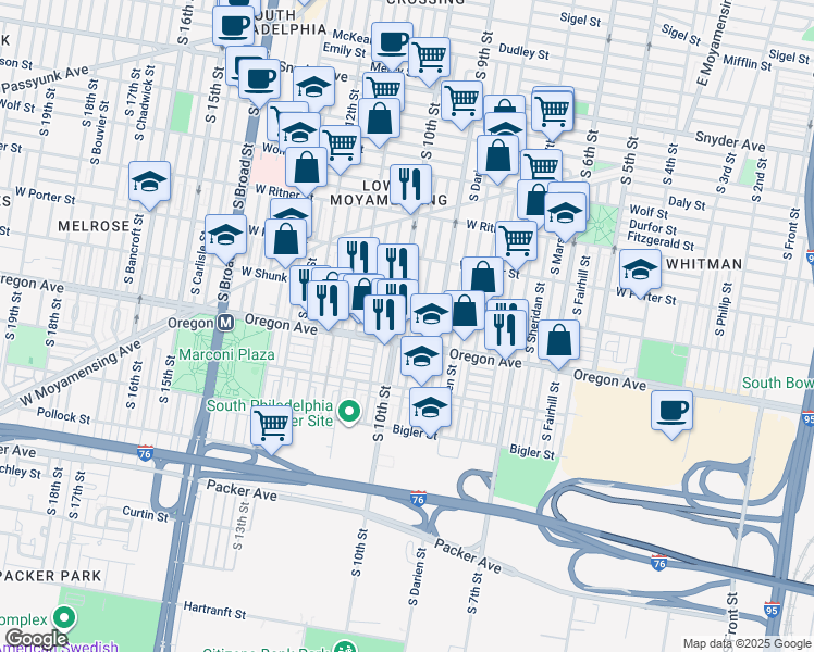 map of restaurants, bars, coffee shops, grocery stores, and more near 2636 South Hutchinson Street in Philadelphia