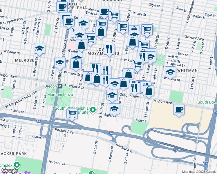 map of restaurants, bars, coffee shops, grocery stores, and more near 2636 South Hutchinson Street in Philadelphia
