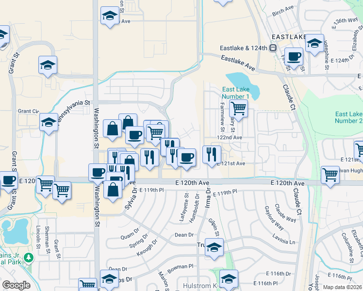 map of restaurants, bars, coffee shops, grocery stores, and more near 12150 Washington Center Parkway in Thornton