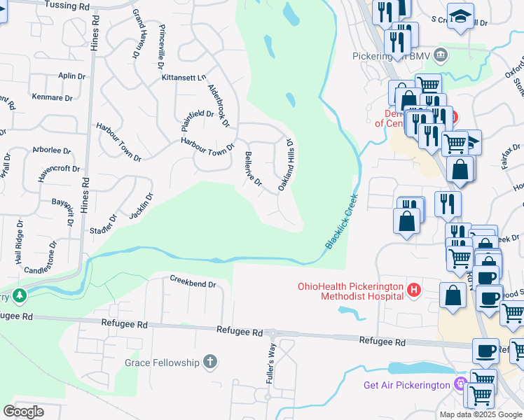 map of restaurants, bars, coffee shops, grocery stores, and more near 7764 Spyglass Hill Court in Pickerington