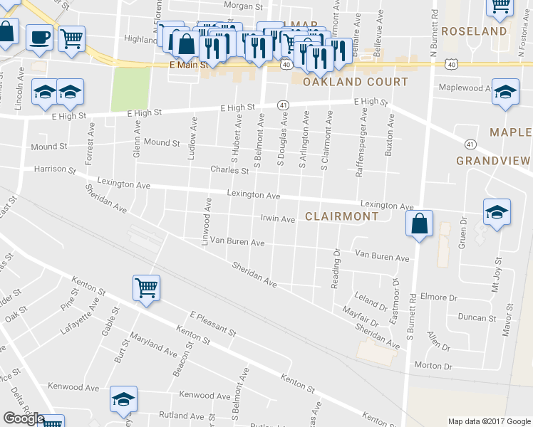map of restaurants, bars, coffee shops, grocery stores, and more near 2020 Irwin Avenue in Springfield